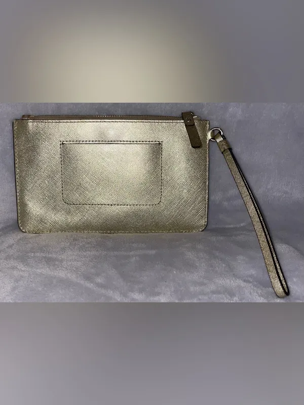 Kate Spade Gold Saffiano Leather Wristlet Clutch Wallet Pouch Polka Dot Lining - Image 4