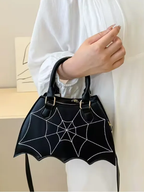 Black Spiderweb Stitch Bat-Shaped Handbag - Women Bags - Image 3