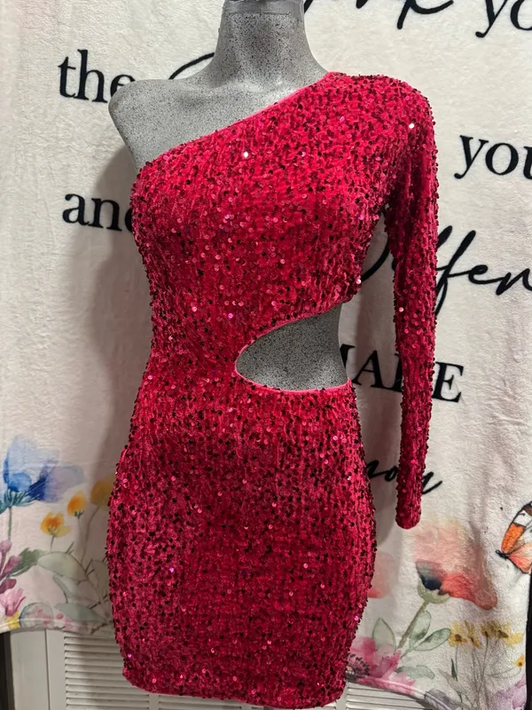 Sexy Sequined Off Shoulder Party Mini Dress Pink Size XS - Image 4