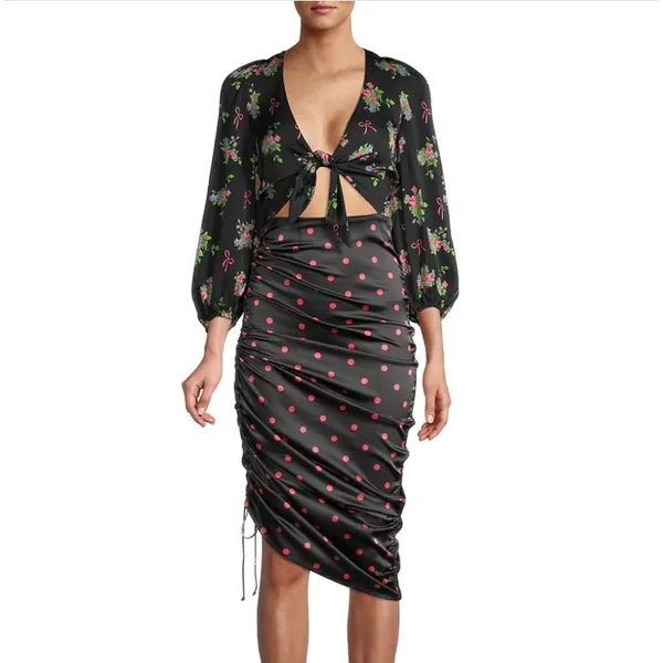 For Love‎ & Lemons Wilson Print Dress Small Black Floral Polka Dot Ruched Mini - Image 16