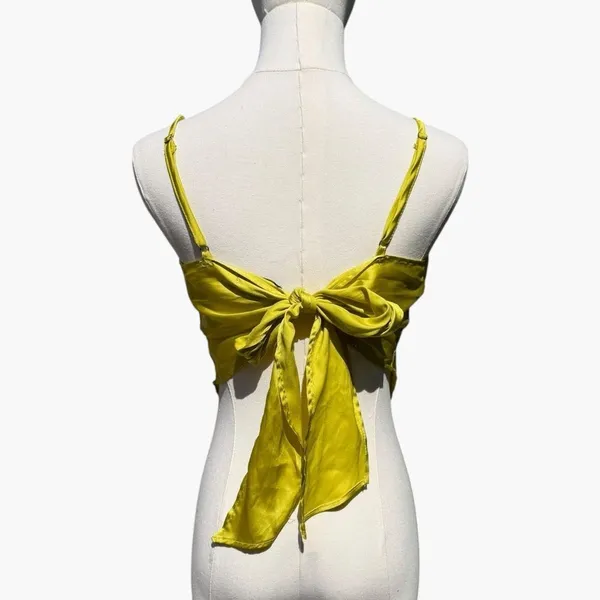 Japna Women’s XS Yellow Satin Cowl Neck Tie Back Cami Top Y2K Handkerchief Hem - Image 3