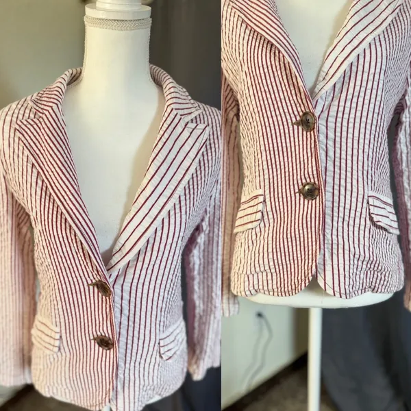 Cabi Captain's Seersucker Striped 2-Button Blazer Womens 10 Red White - Image 6