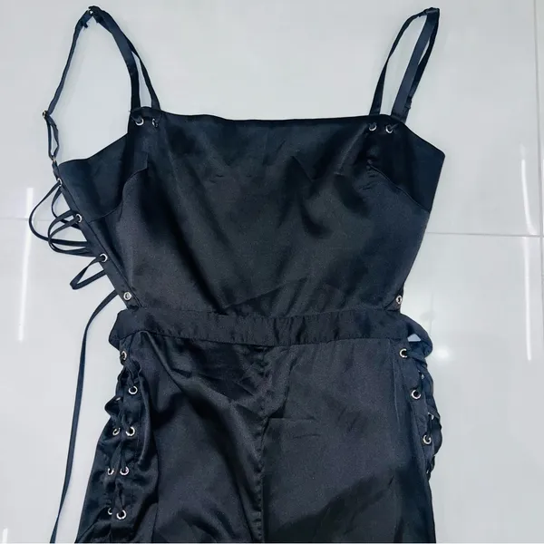 House Of CB, 'Tsarina' Black Satin Jumpsuit With Side Lace Ups - Image 12