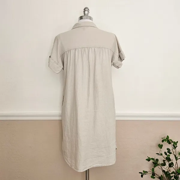 Well Worn Linen Blend Button Down Shirt Dress Short Sleeve Beige Pockets Small - Image 7