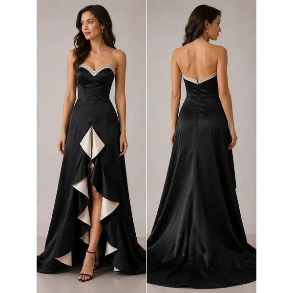 Studio 17 Prom Black White Strapless Beaded High Low Ruffle Gown 2715 Sz 2 - Image 2