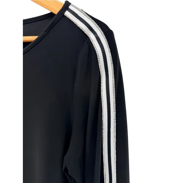 Coco Bianco Black Top M Rhinestone Sporty Stripe Flared Bell Sleeve Blouse NWT - Image 2