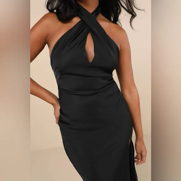 LULU’S Beyond Classy Black Satin Halter Midi Dress - Image 9