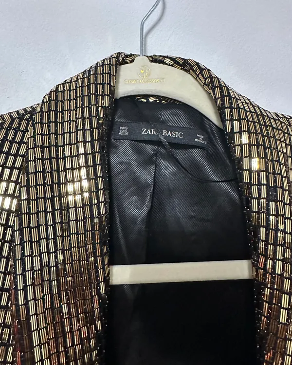 metallic gold blazer sequin wrap tuxedo dress - Image 4