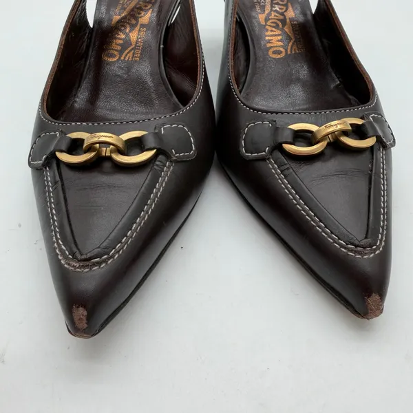 Salvatore Ferragamo Acribia Slingback Kitten Heels Chocolate Brown Gold 7.5 - Image 6