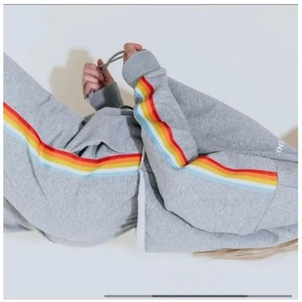 Kittenish Grey Cropped Sweatshirt Rainbow Stripe Sleeve Lounge‎ Athleisure M - Image 2