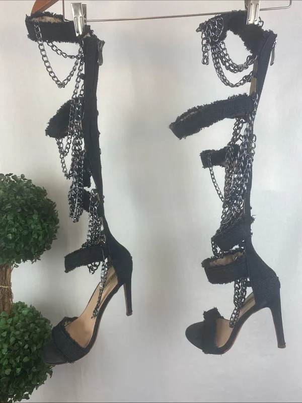 Cape Robbin Black Alza 77 Frayed Denim Spike Heel Chain Trim Gladiator Shoes 6 - Image 2