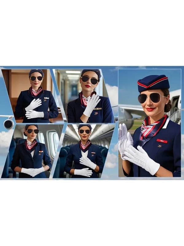 Flight Attendant Costume Accessories Stewardess Hat Sunglasses Scarf Gloves OS - Image 7