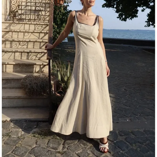 Zara Beige Black Trim Tank Maxi Dress Resort Beach Linen Capsule European - Image 8
