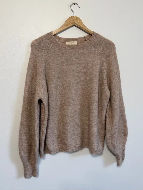Sézane Louisa Jumper Sweater Size XL Tan Neutral Tan Balloon Sleeve Button Crew - Image 2