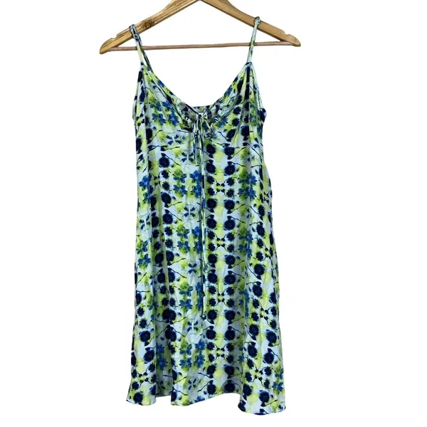 Aerie Floral Tie Dye Keyhole Mini Dress Blue Green Boho Smocked Size M - Image 2
