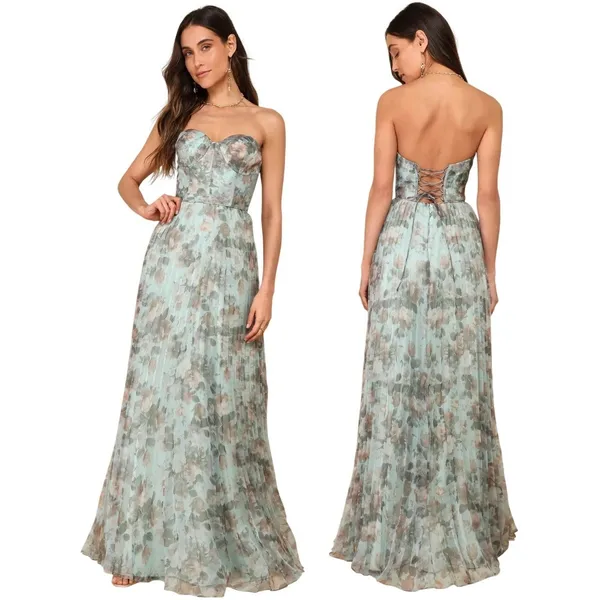Lulus Most Beautiful Day Sage Multi Floral Print Organza Maxi Dress Large NWT - Image 2
