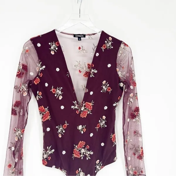 Express Mesh Floral Embroidered Long Sleeve V-Neck Bodysuit Women's‎ XS Coquette - Image 5