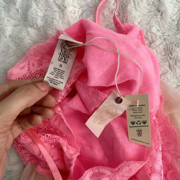 NEW Free People HAH Pink Rose Quartz Maid to Wear Fluttery Lace Bodysuit S - Image 6