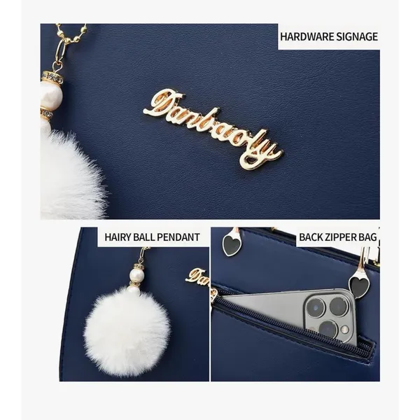 Navy Blue PU Leather Satchel Crossbody‎ Bag Heart Hardware Pom Pom Charm - Image 6