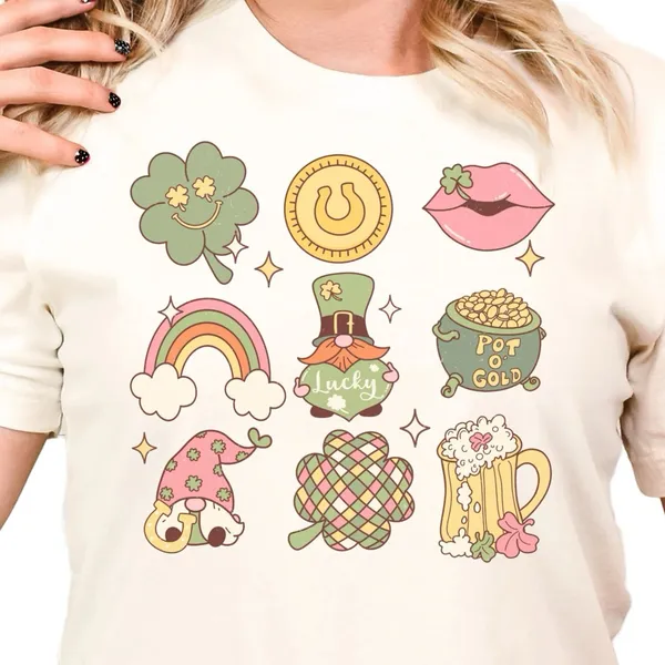 Comfort Colors ST PATRICKS Shirt Women Small Cream Gnome Lucky Retro Graphic Tee Trendy Boho - Image 4