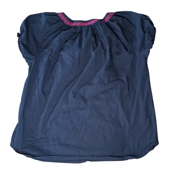 Navy Blue Pink Floral Embroidered Cotton Peasant Blouse XL - Image 3