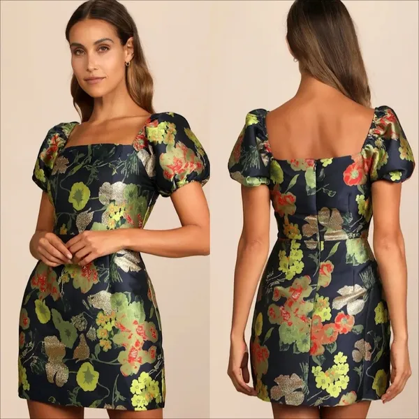 Lulus So Stunning Navy Blue Floral Jacquard Puff Sleeve Mini Dress Size Small - Image 7