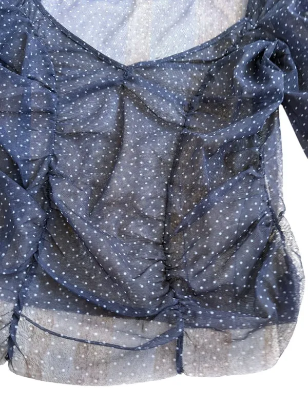 ZARA Navy Blue Sheer Polka Dot Top Size Medium - Image 4