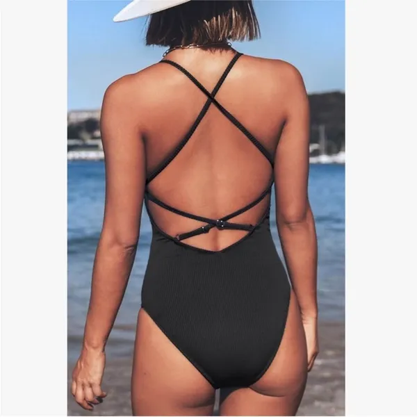 CUPSHE Black Ribbed V-neck lace up one piece swimsuit small NEW - Image 3