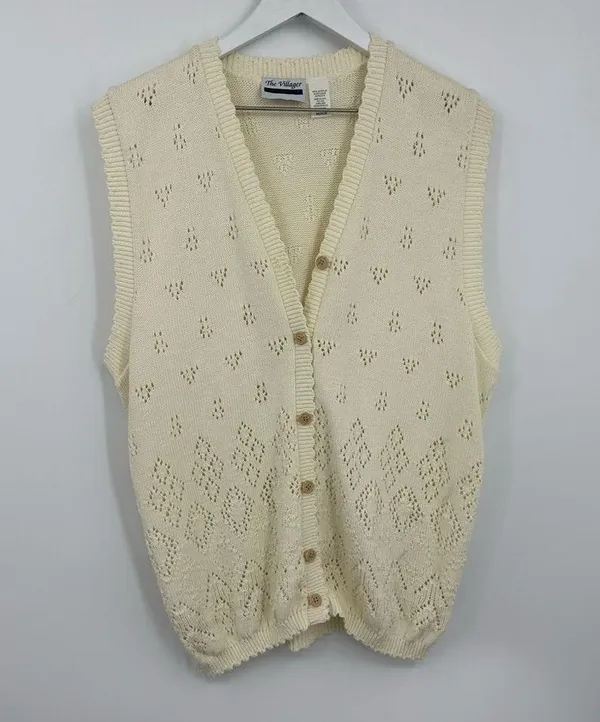 Vintage Y2K Cream Sweater Vest Cardigan Size Medium Boho Coquette Whimsical - Image 2
