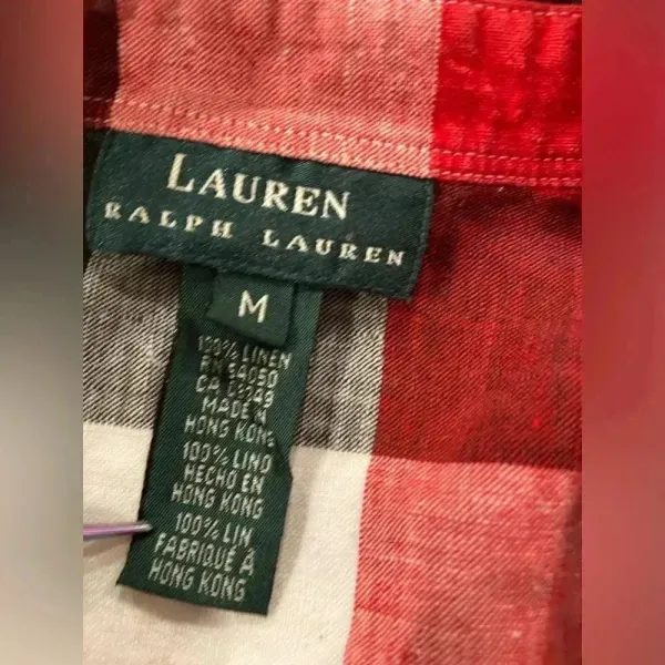 Lauren Ralph Lauren Black Red Plaid 100% Linen Button Down Long Sleeve Size M - Image 12
