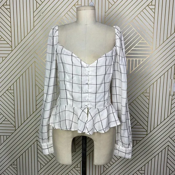 Superdown‎ Marrie Flannel Puff Sleeve Top White & Pink Size US Large - Image 3