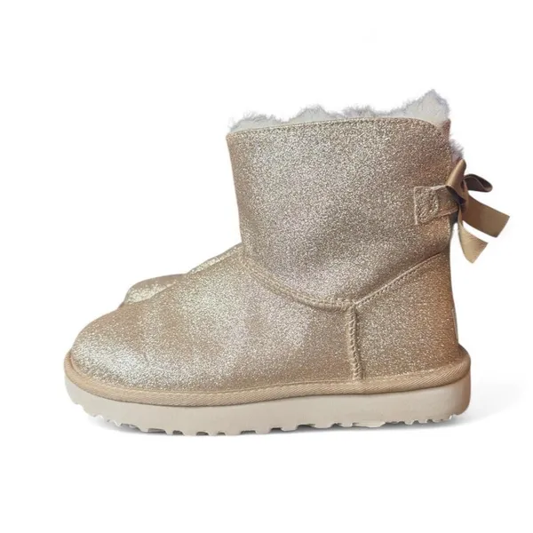 UGG Classic Mini Bailey Bow II Glitter Gold Boots Shearling Women’s Size 7 - Image 3