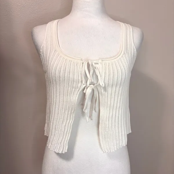 Princess Polly Knit Tie FrontCrop Top Women S/M Ivory Pointelle Ribbed‎ Festival - Image 2
