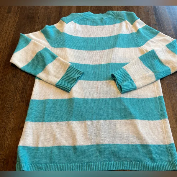 Talbots Linen Open Front Stripe Cardigan Teal/White Classic- MP (medium petite) - Image 2