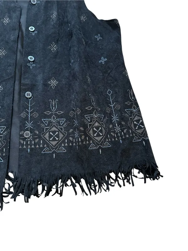 Vintage Black Faux Suede Vest Fringe Hem Embroidered Boho Western Festival - Image 6