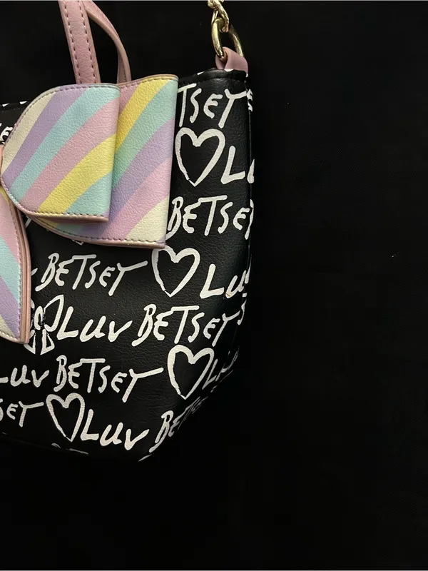 Betsey Johnson Graffiti Print Black Shoulder Bag With Pastel Striped Bow - Image 2
