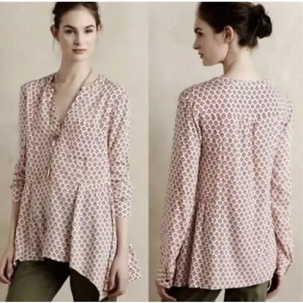 Maeve Anthropologie‎ Pink Medallion Sharkbite Hem Tunic Top Sz 0 - Image 2