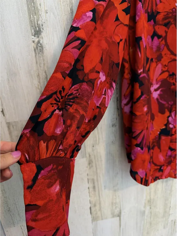 BTFBM Women's Small Red Pink Orange Floral Button Down Blouse - Image 3