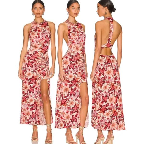 Free People Bohemian Floral Hawaiian Tropical Mimi Maxi Dress Size Medium Slit - Image 14