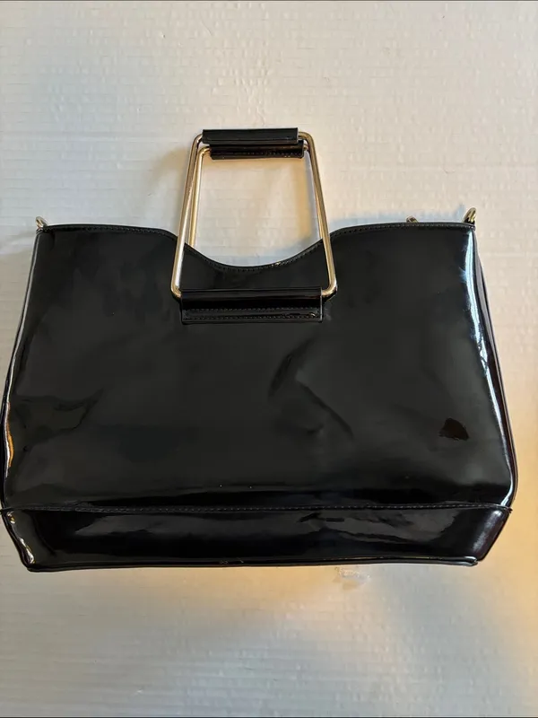 Black Patent Leather Shoulder Bag Has Gold Toned Handles Too!Very Good Condition - Image 4