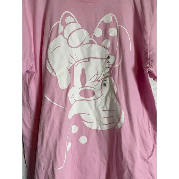 Disney Pink White Minnie Mouse Winking Short Sleeve Cotton Graphic T-Shirt Large - Image 9