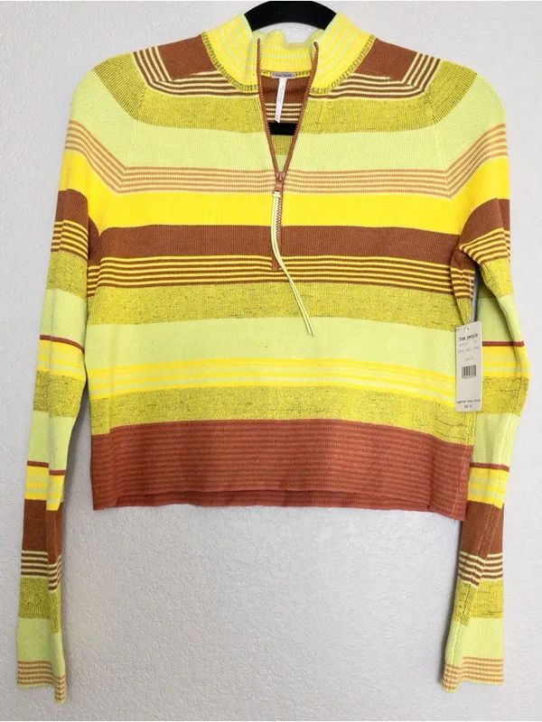 NWT Free People Rip Tide Zip Mockneck Top M Green Stripe Cropped Knit Sweater - Image 3
