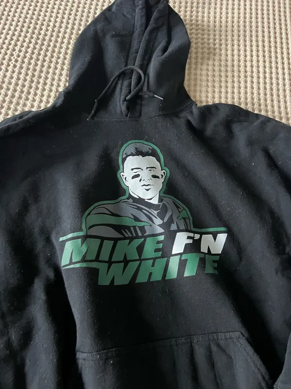 National Football League Black Mike White hoodie with green graphic of a man with the words 'MIKE FN WHITE', size XL. Cotton & polyester blend. #mikefnwhite #graphic - Image 2