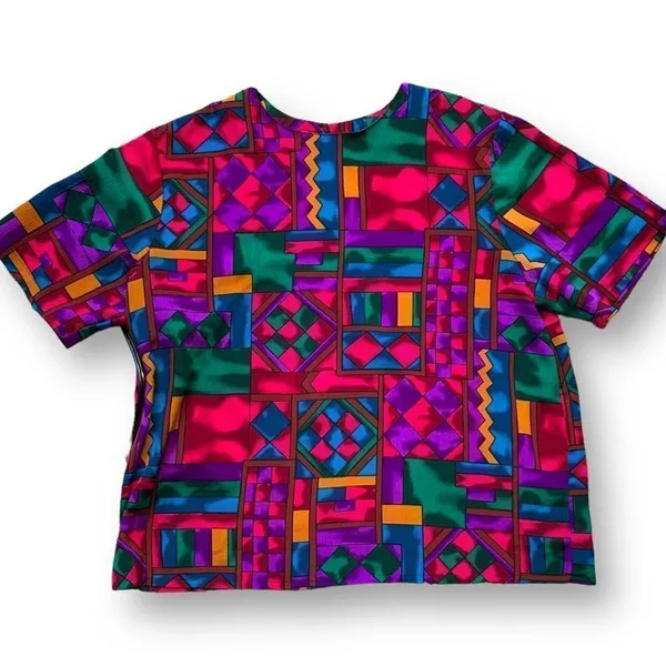 Vintage Hill & Archer Shirt Geometric Multicolor Purple Blue Crinkle‎ Fabric - Image 4