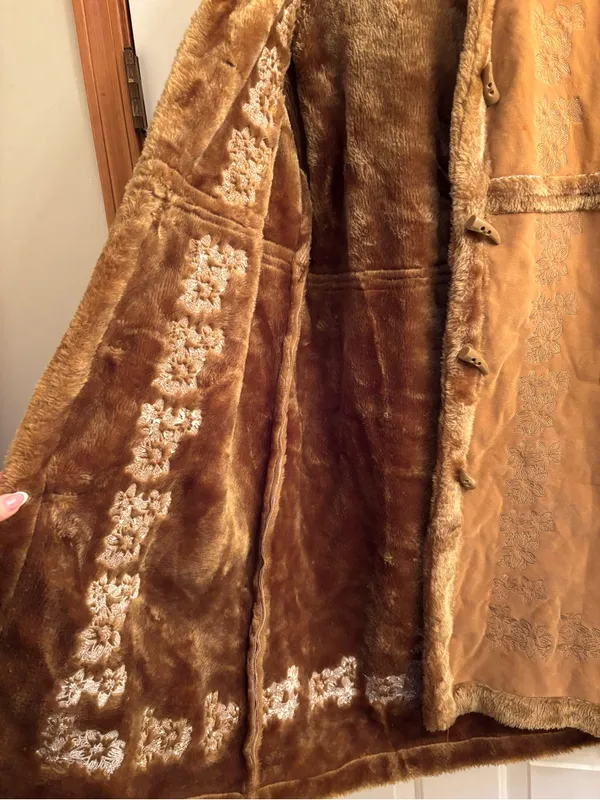 Vintage Faux Suede and Sherling Embroidered Hooded Coat - Image 3