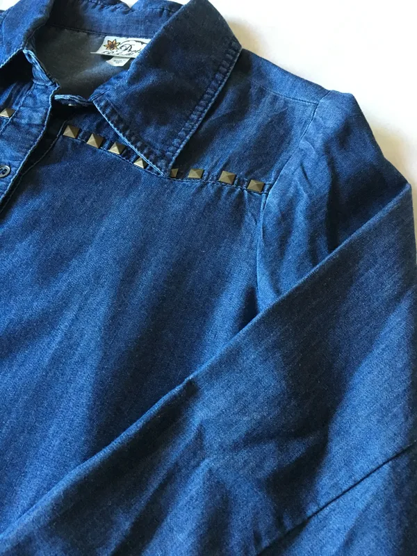 Dark Blue Chambray Button Down Shirt With Studs Size XS - Image 3