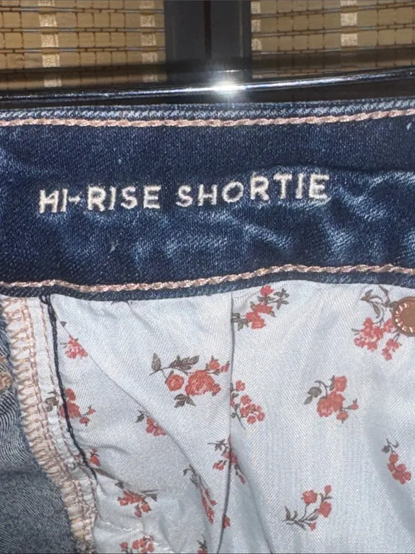 AEO Hi-Rise Shortie Distressed Dark Blue Denim Cutoffs - Image 5