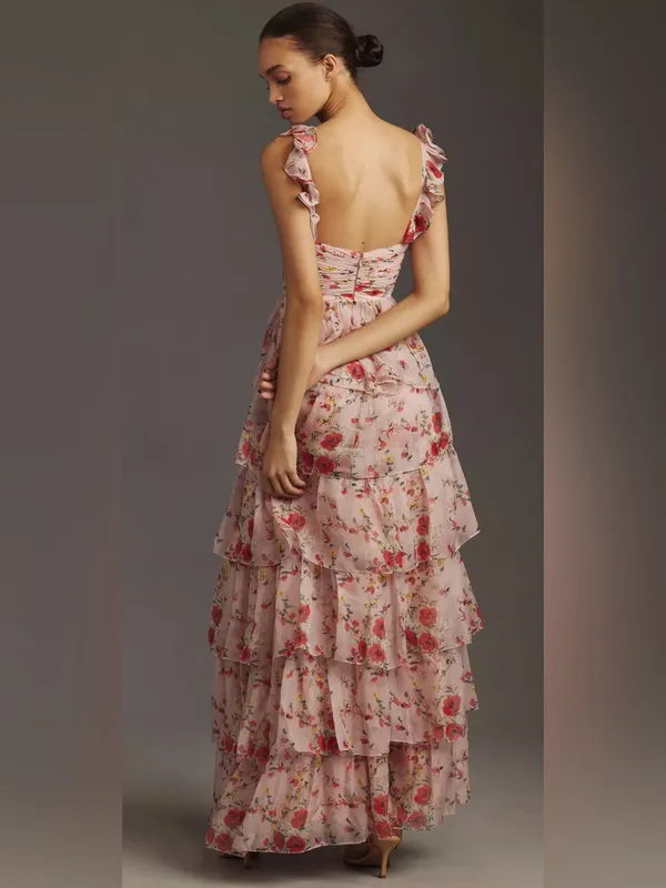 Mac Duggal 55816 Womens Pink Ruffled Sleeveless Draped Tiered Floral Print Gown - Image 2