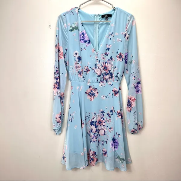 Lulus Always Yours Light Blue Floral Print Long Sleeve‎ Skater Dress SMALL - Image 5