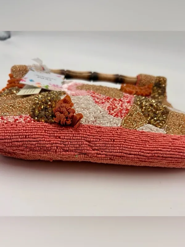 Handcrafted India Beaded Sequin Bamboo Handle Handbag Pink Coral Gold NEW - Image 3